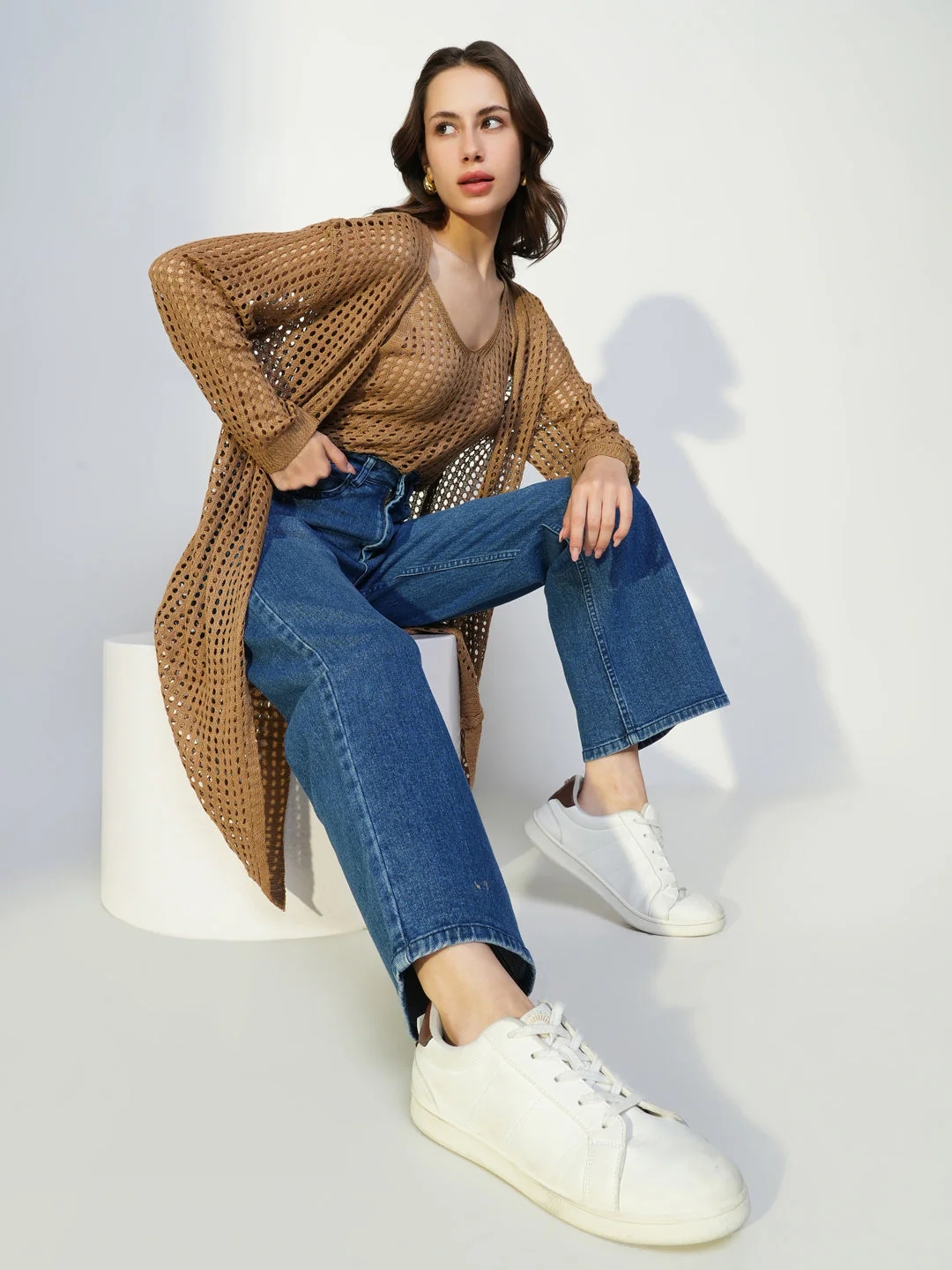 Women's Brown Self Design Crochet Crop Top