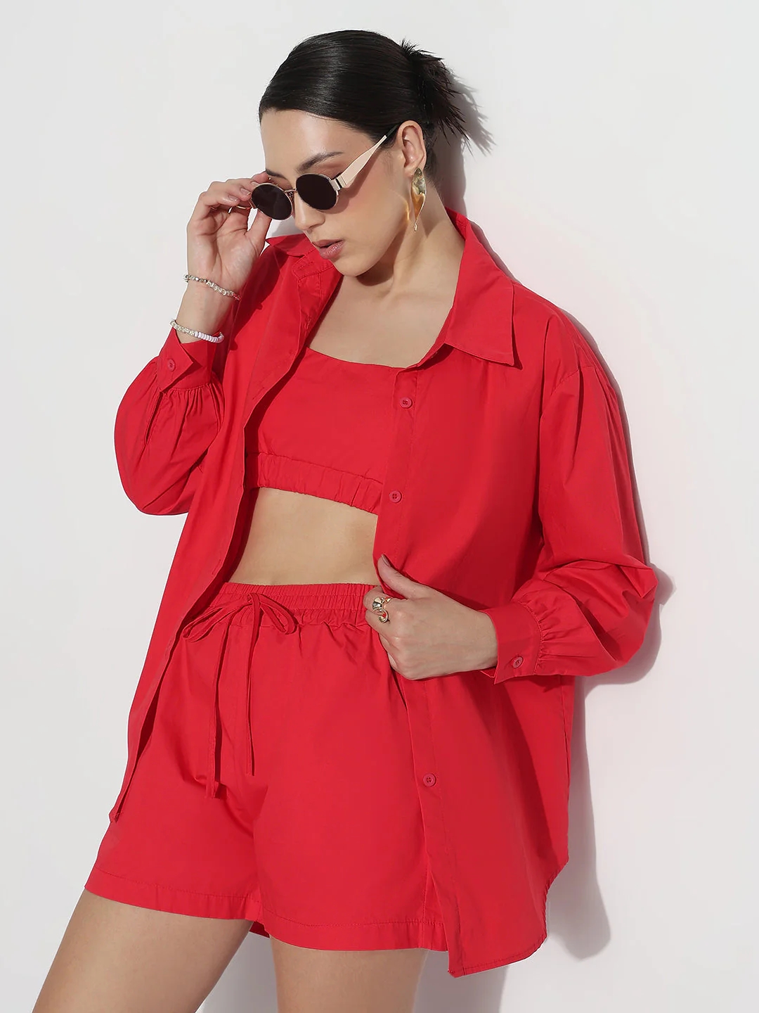 Women's Red Crop Top with Oversized Shirt and Shorts Co-ord Set